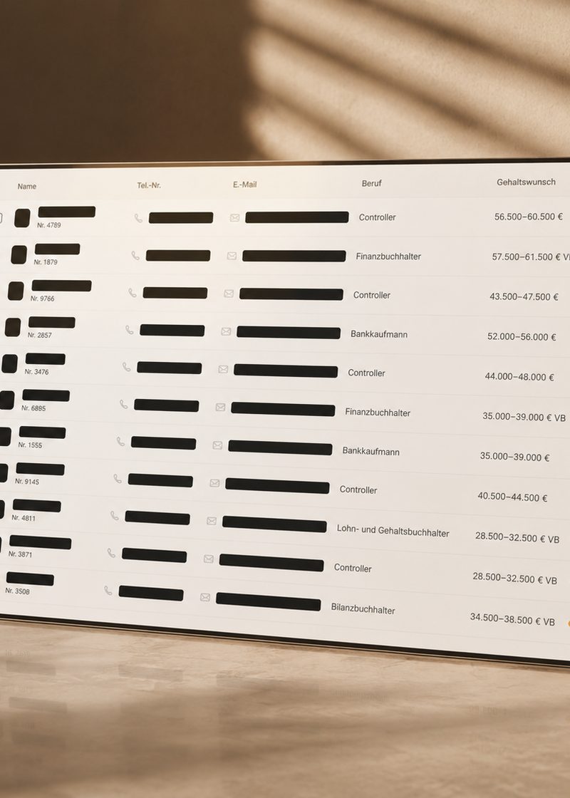 Kandidatenliste auf einem Bildschirm, Namen und Kontaktdaten geschwärzt